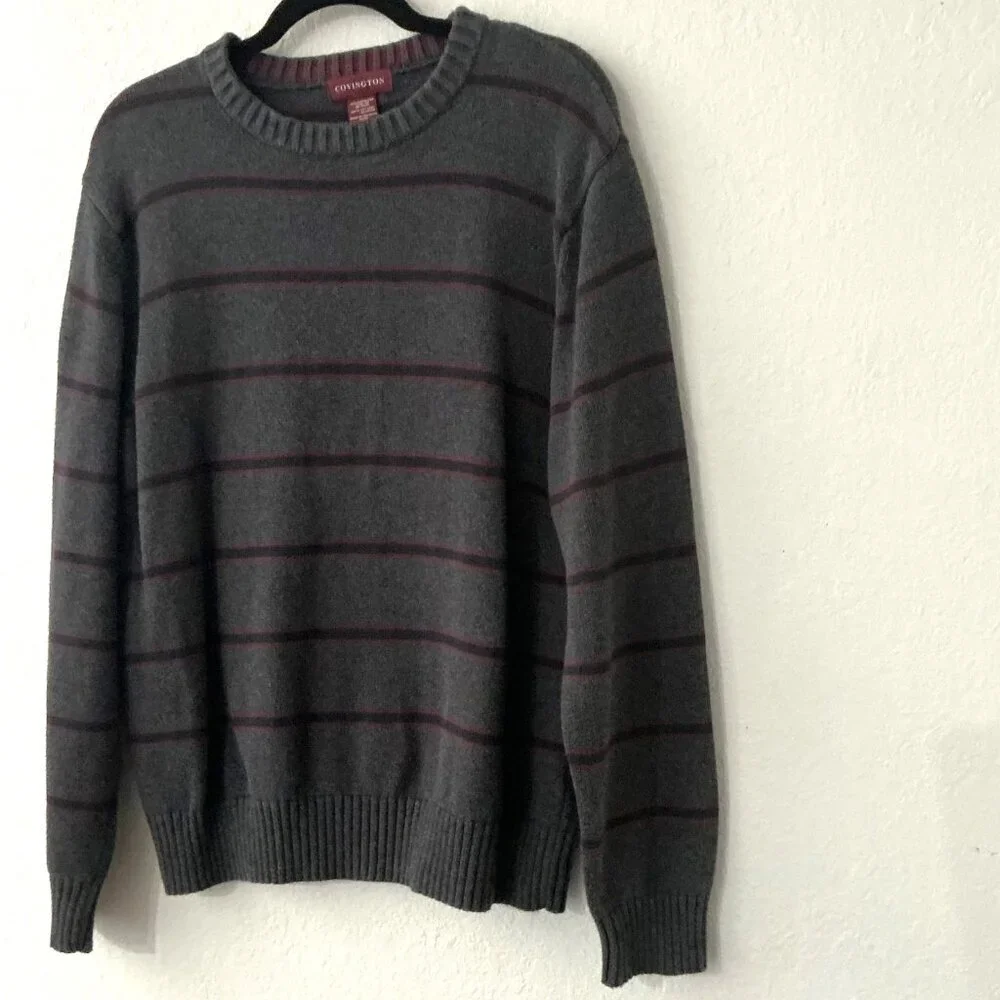 Vintage Covington Men's Grey Striped Crewneck Sweater Knit Pullover Size Large